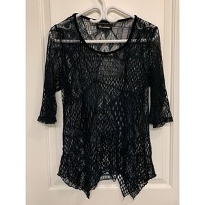 VTG 90s Y2K Creation Mesh Top Teal Black Fishnet Open Knit Crochet Whimsigoth